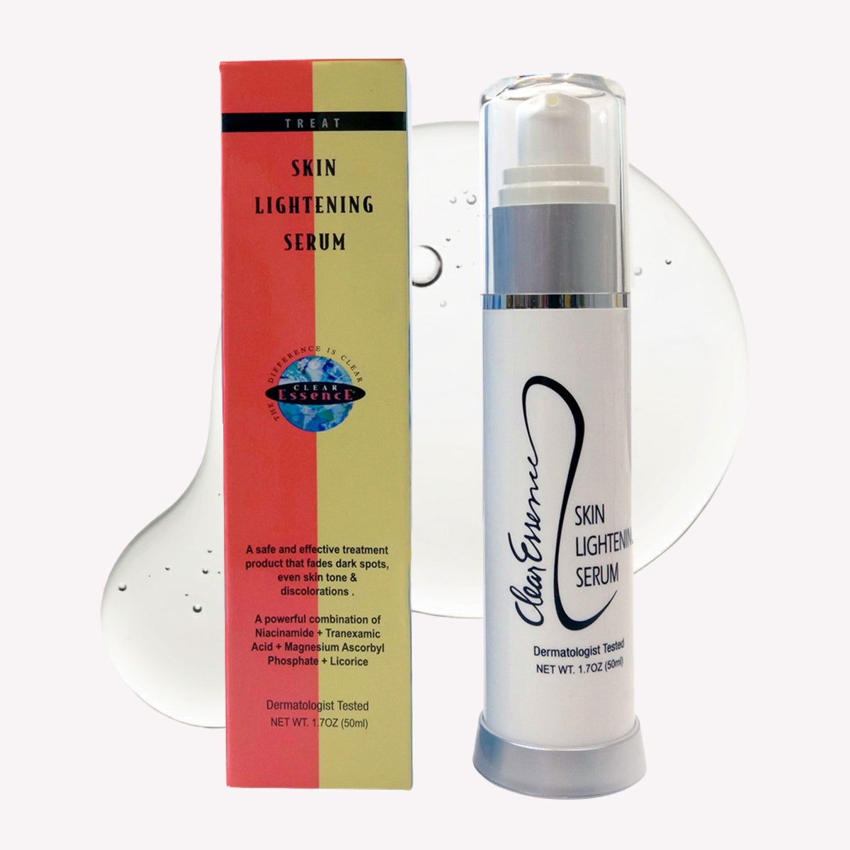 Clear Essence Skin Lightening Serum bottle front showing packaging and branding for radiant skin