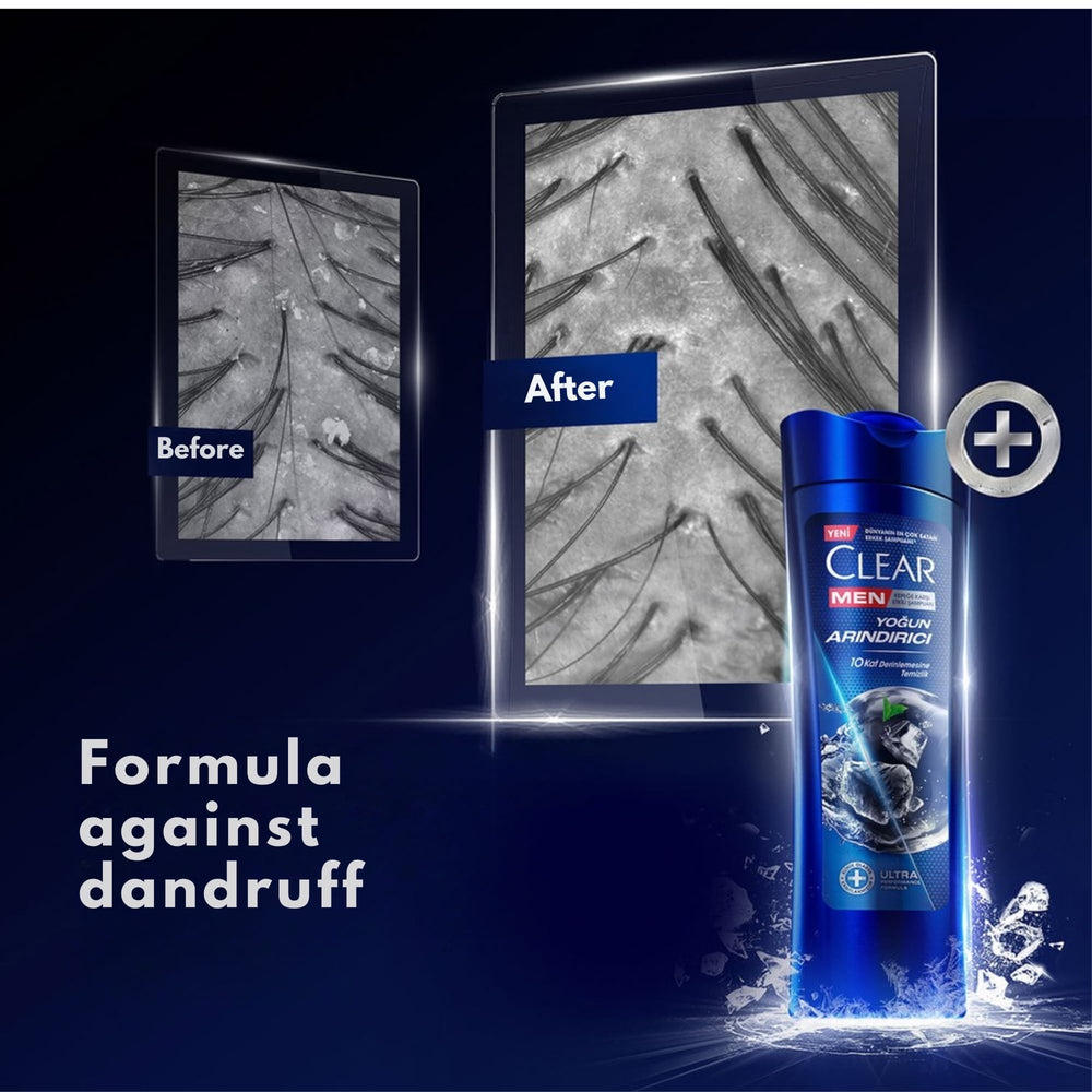 Charcoal swirl on Clear Men shampoo implies 10x deeper cleansing.