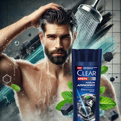 Close-up of Clear Men label highlighting anti-dandruff action.
