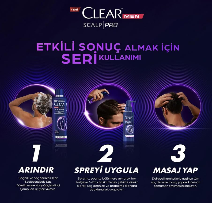 Clear Men Scalp Pro bottle on a bathroom shelf for easy daily use.