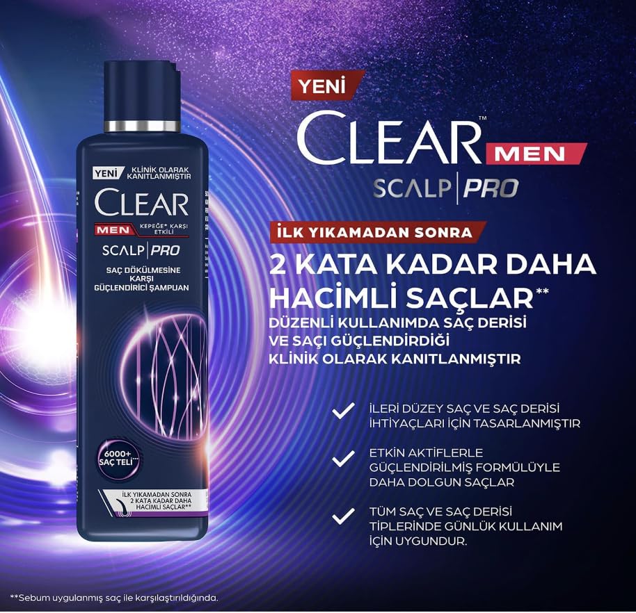 Clear Men Scalp Pro foam showing cleansing and hair fortification benefits.