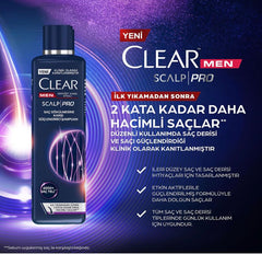 Clear Men Scalp Pro foam showing cleansing and hair fortification benefits.