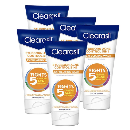 Clearasil Stubborn Acne Control wash bottle highlights its 5in1 formula for clearer skin.