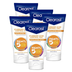 Clearasil Stubborn Acne Control wash bottle highlights its 5in1 formula for clearer skin.