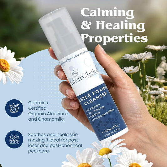 Clear Choice Gentle Cleanser foaming action demonstrates mild daily cleanse without drying.