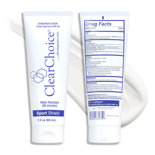 ClearChoice Sport Shield SPF 45 bottle showing lightweight mineral protection.