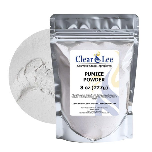 ClearLee cosmetic grade pumice packaging bag closeup shows eco-friendly recyclable packaging for home exfoliation.