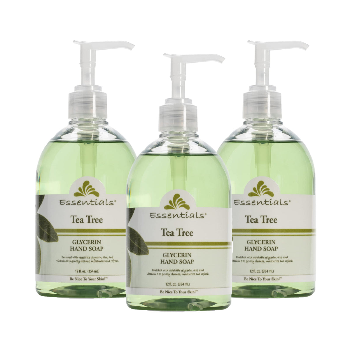 Clearly Natural Essentials Tea Tree Hand Soap 3-pack pumps cleanse hands while moisturizing.