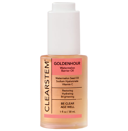 CLEARSTEM GoldenHour Hydrating Facial Oil bottle pour enhances hydration with a lightweight feel.