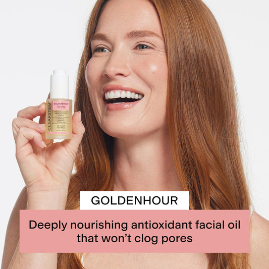 CLEARSTEM GoldenHour Hydrating Facial Oil close-up texture shows silky, quick-absorbing formula.