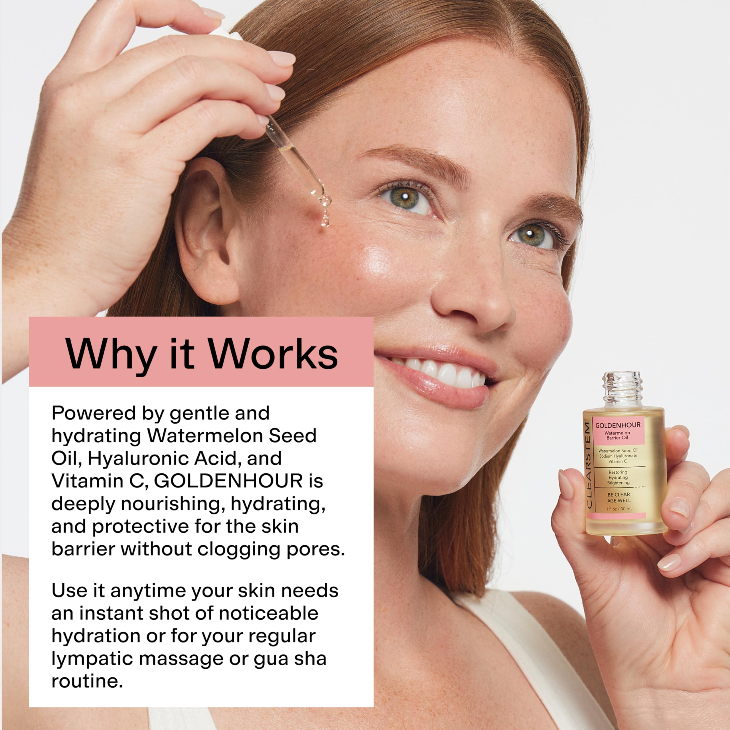 CLEARSTEM GoldenHour Hydrating Facial Oil on skin provides natural glow after application.