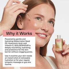 CLEARSTEM GoldenHour Hydrating Facial Oil on skin provides natural glow after application.