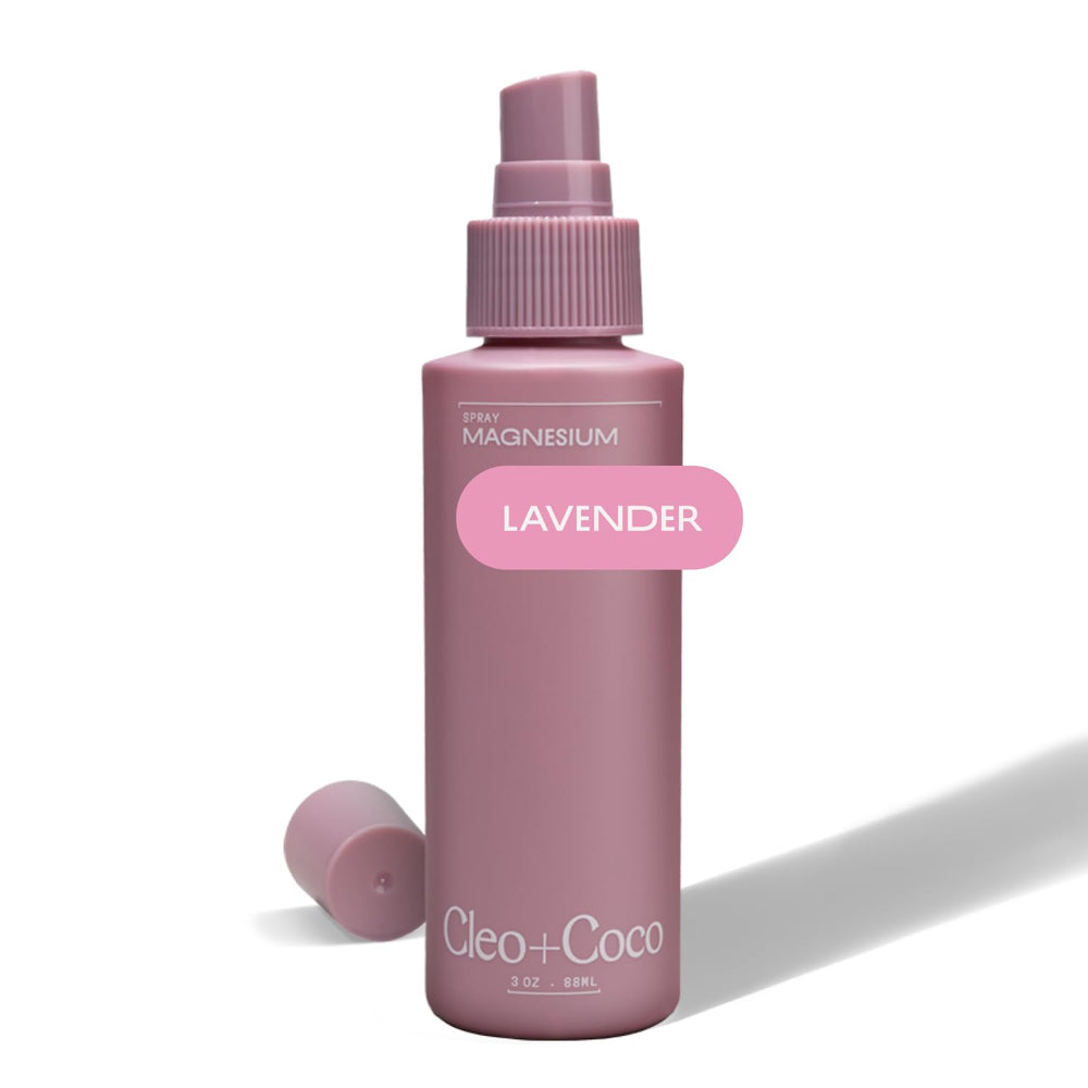 Cleo + Coco magnesium lavender spray bottle ready for sleep-ready use