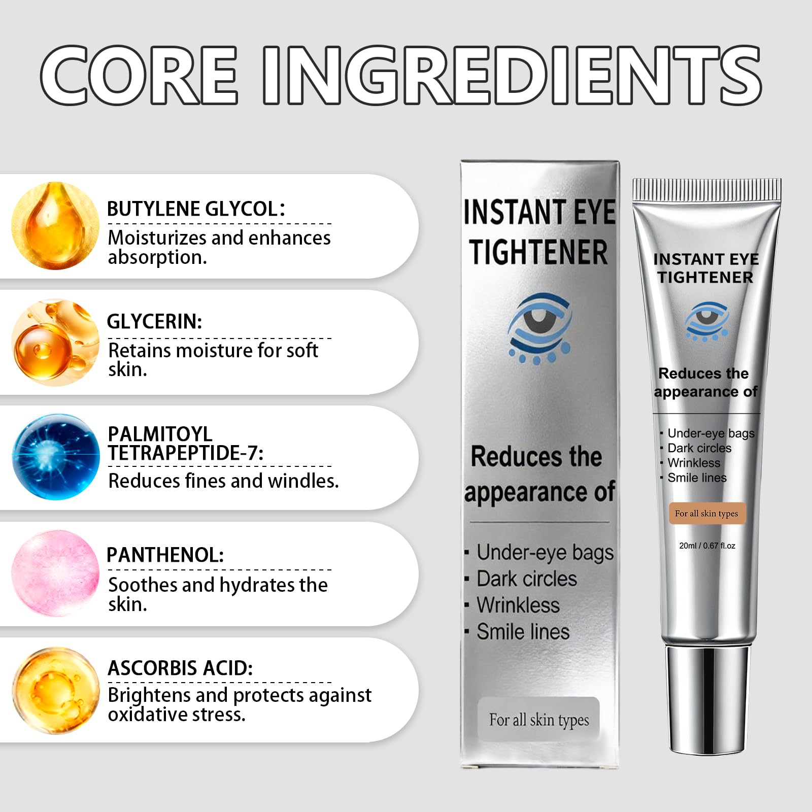 Hyaluronic acid-infused CLERVUN eye tightener delivers hydration and subtle plumping.