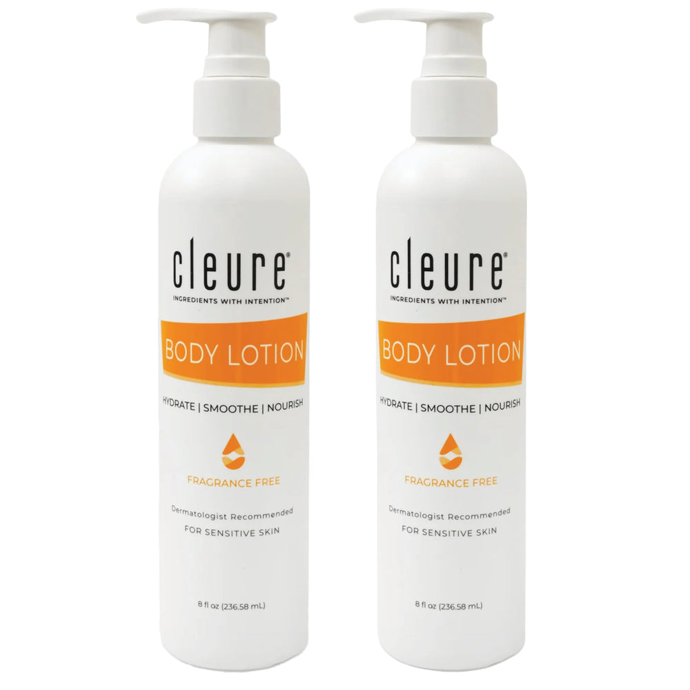 Cleure body lotion in a pump bottle delivering gentle hydration for sensitive skin.