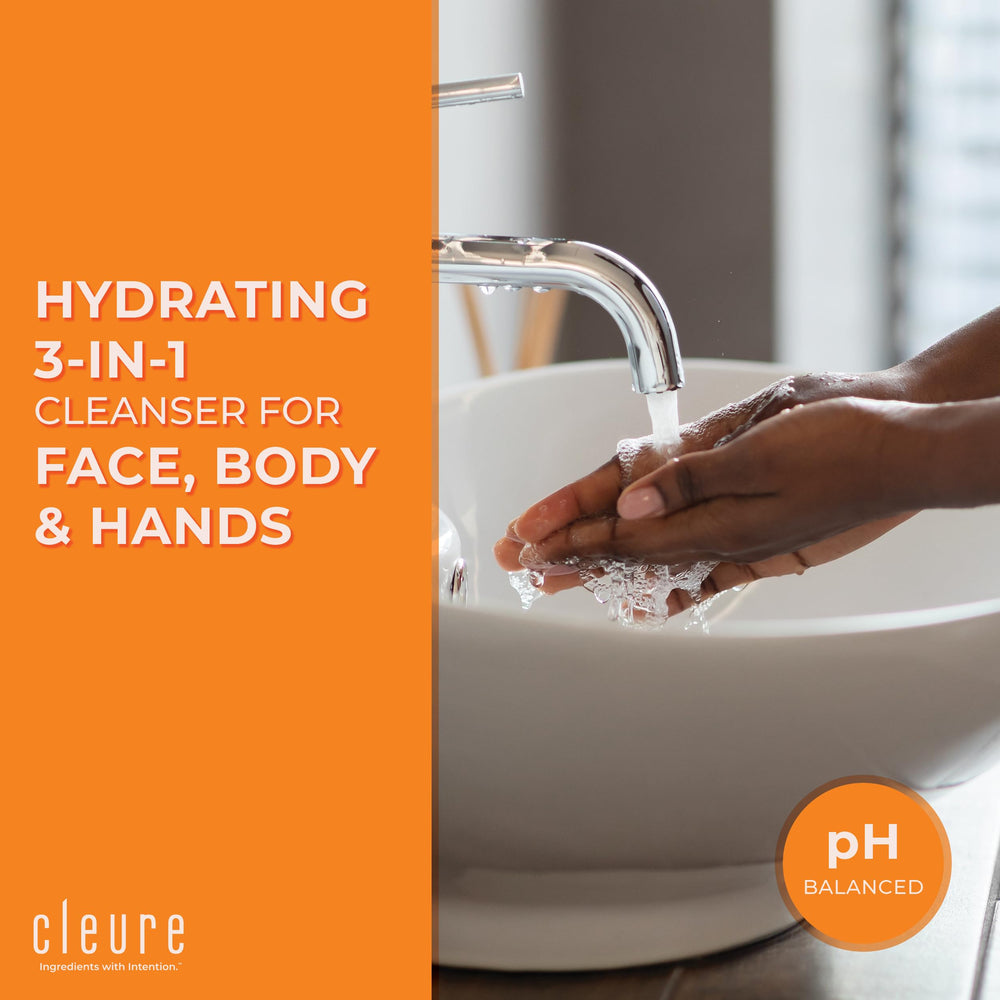 Hands applying Cleure cleanser to skin for refreshed, clean feel.
