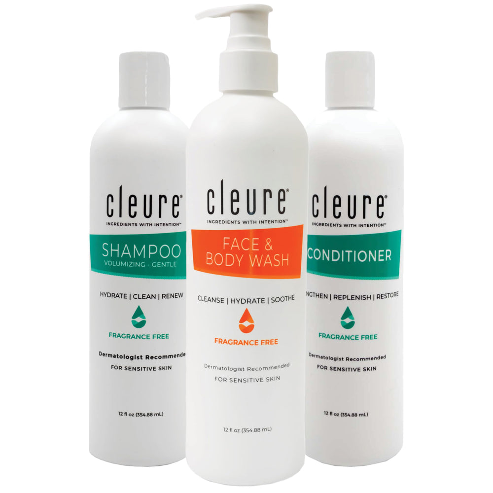 Cleure fragrance-free shampoo bottle for sensitive skin, gentle cleansing.