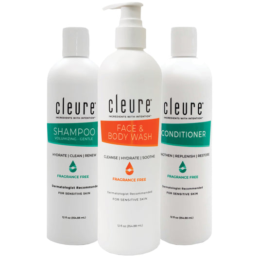 Cleure fragrance-free shampoo bottle for sensitive skin, gentle cleansing.