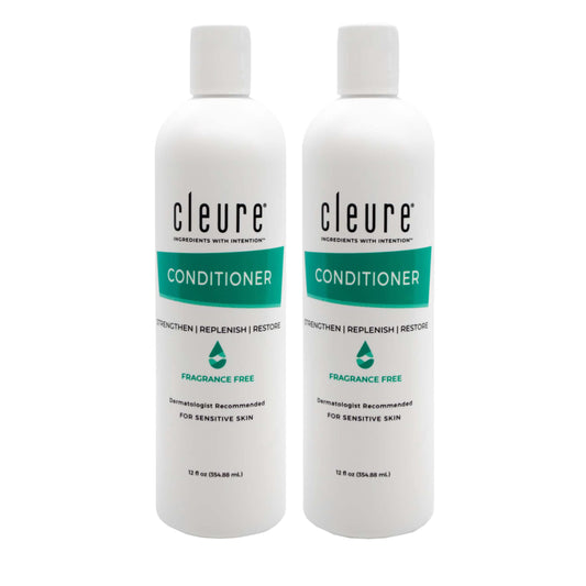 Cleure Hydrating Fragrance Free Conditioner bottle supports gentle moisture for sensitive skin.