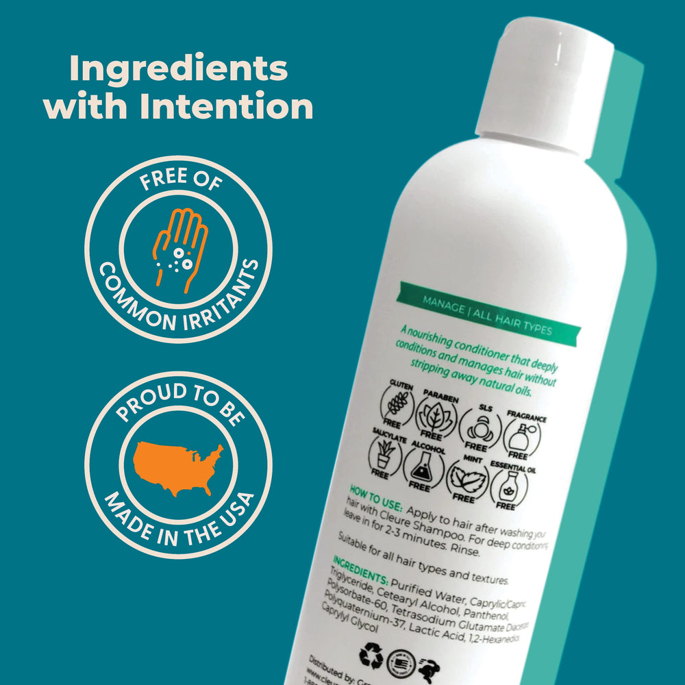 Cleure hypoallergenic ingredients close-up highlights glycerin moisture for soft, shiny strands.