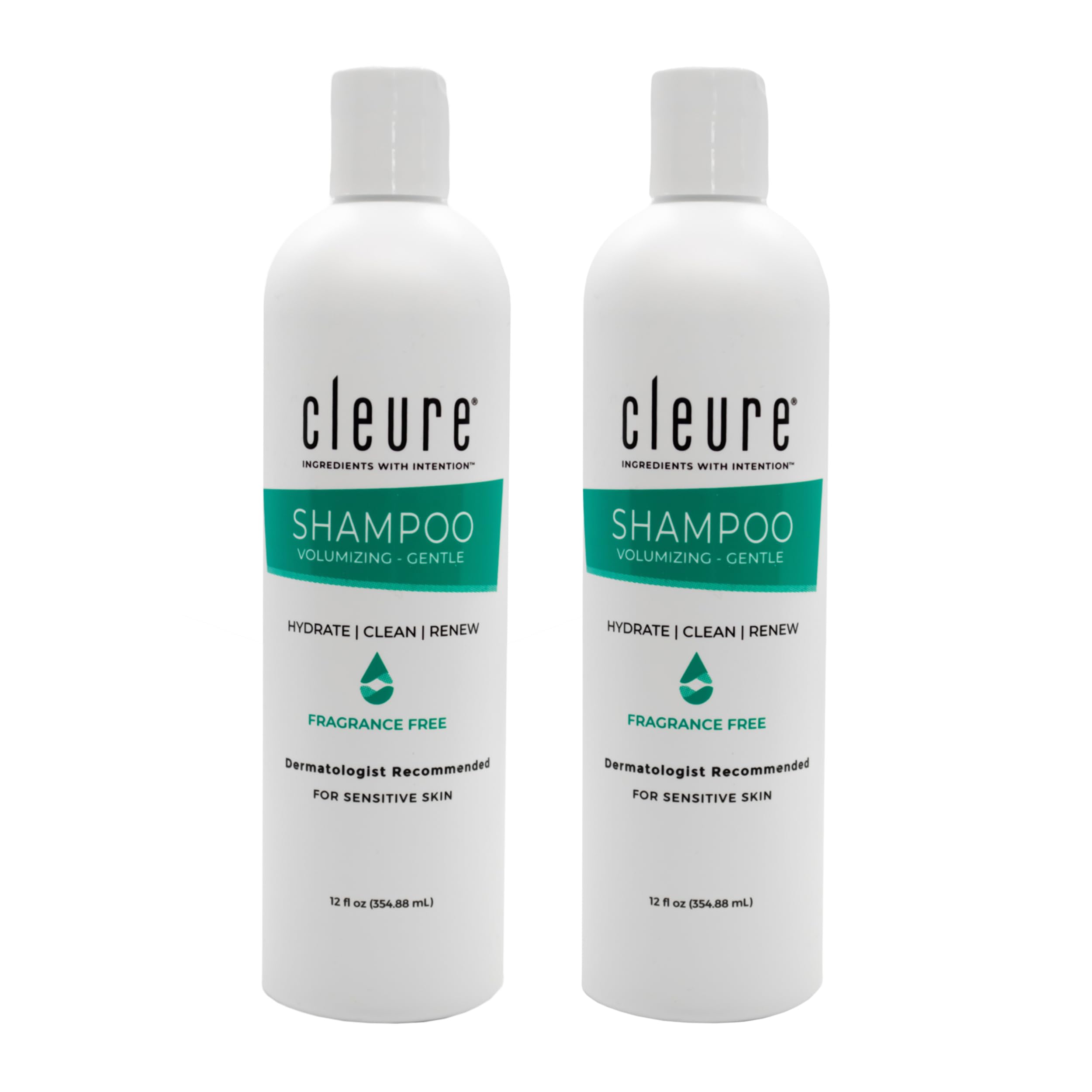 Cleure hypoallergenic shampoo bottle front: fragrance-free formula for sensitive scalps.
