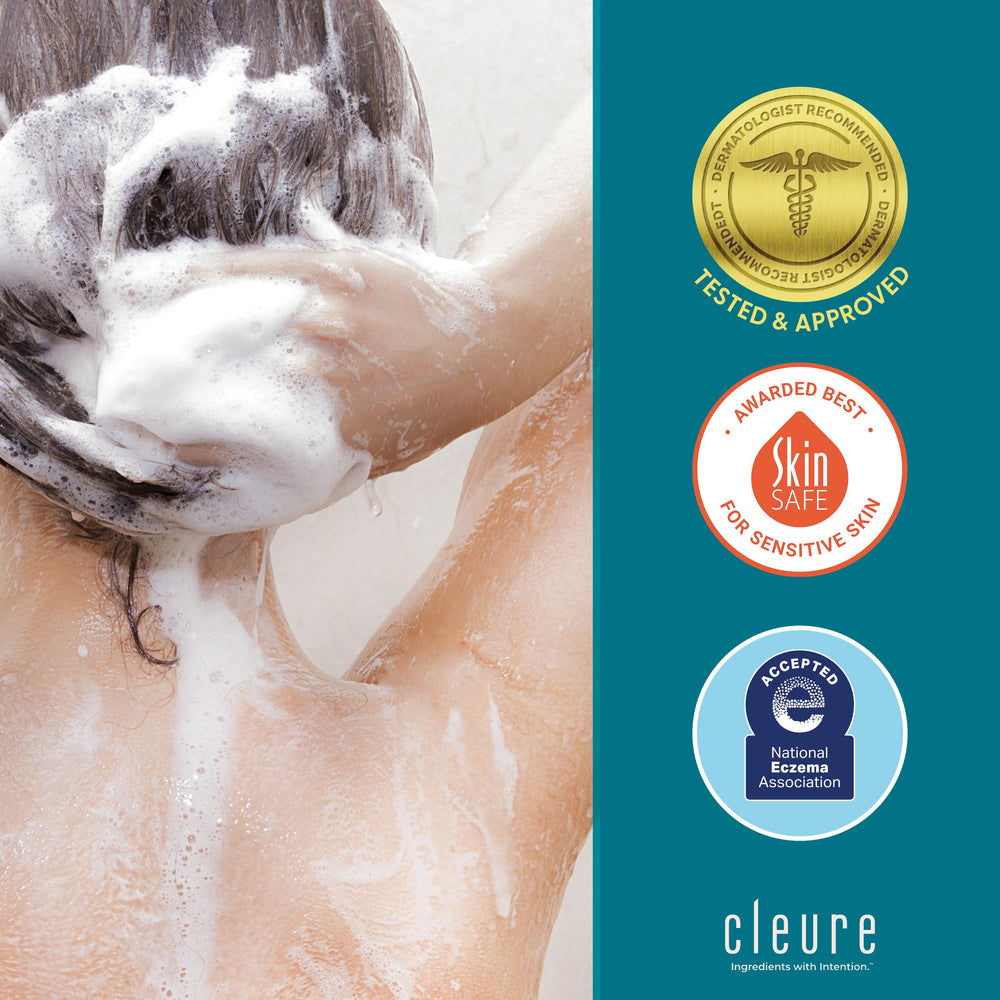 Cleure on shower shelf suggests versatile use for all hair types.