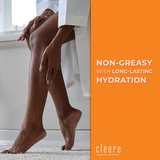 Cleure lotion enriched with shea butter for deep moisturization on dry skin.