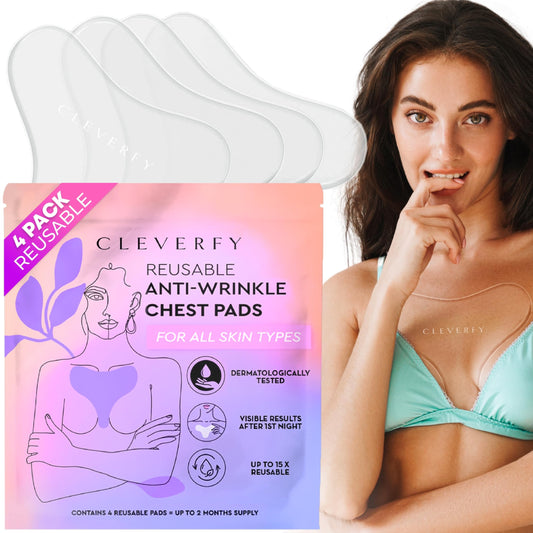 CLEVERFY silicone chest patches for wrinkles shown on skin for overnight smoothing.