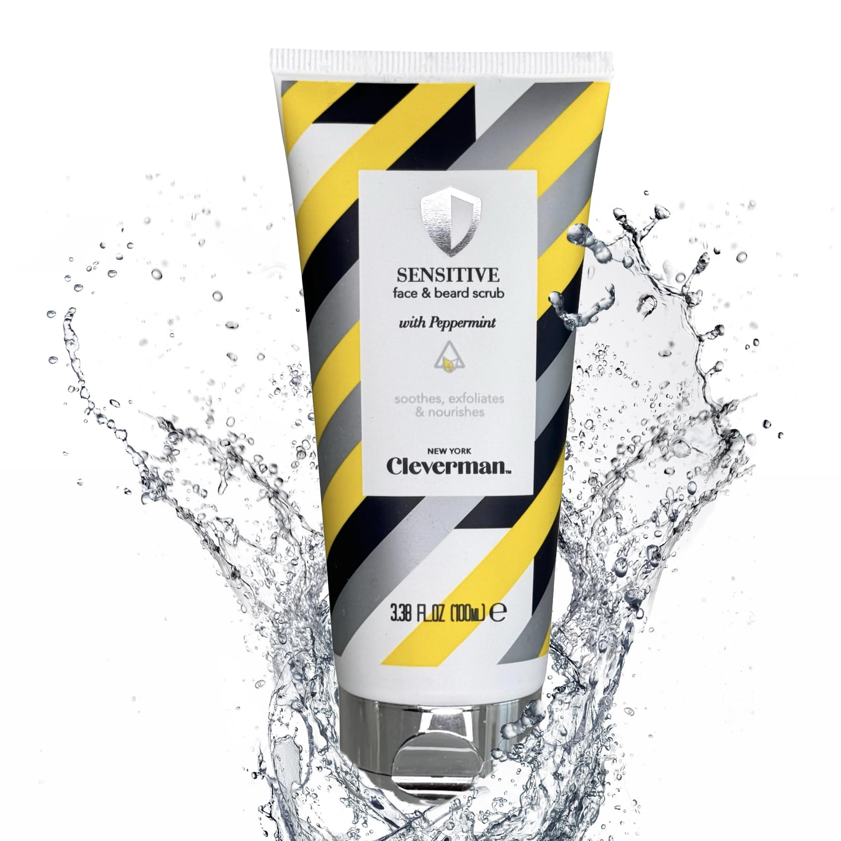 Cleverman Sensitive Face and Beard Scrub bottle front for gentle cleansing