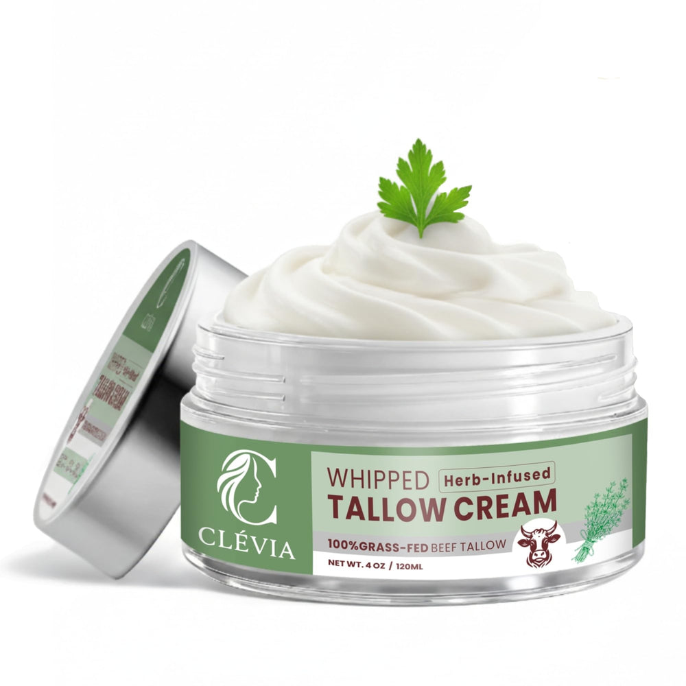 CLÉVIA grass-fed tallow cream jar highlighting deep hydration for face and body.