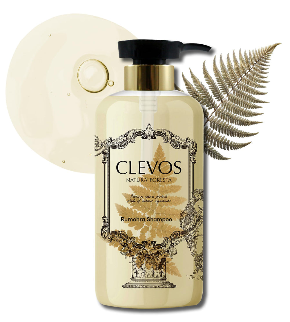 Clevos Natura Foresta shampoo bottle pouring sulfate-free formula for oily scalp