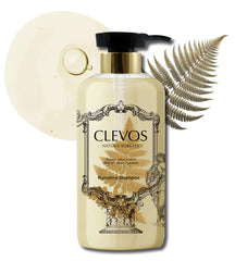 Clevos Natura Foresta shampoo bottle pouring sulfate-free formula for oily scalp