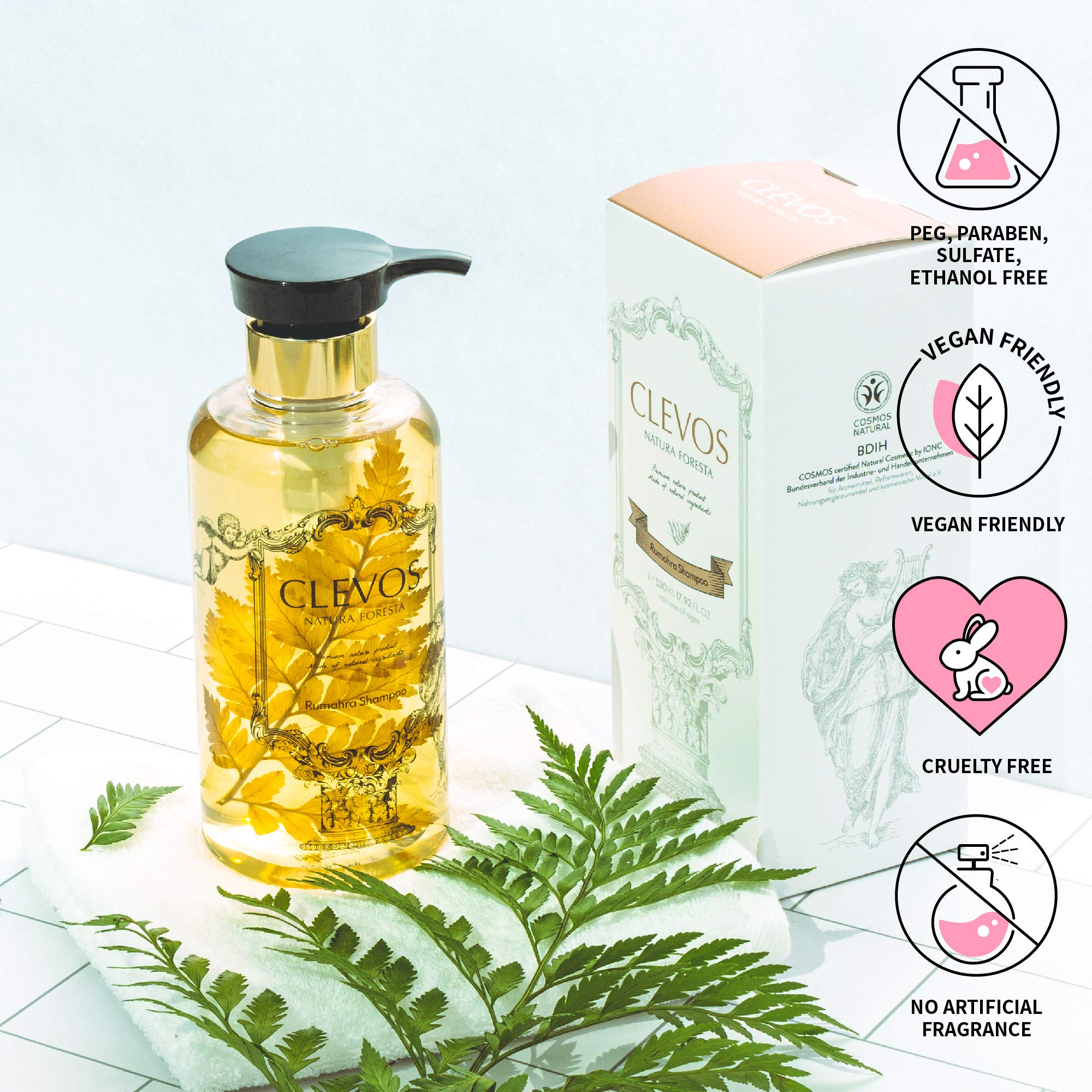 Clevos Natura Foresta bottle beside leaves evokes pleasant Rumohra scent