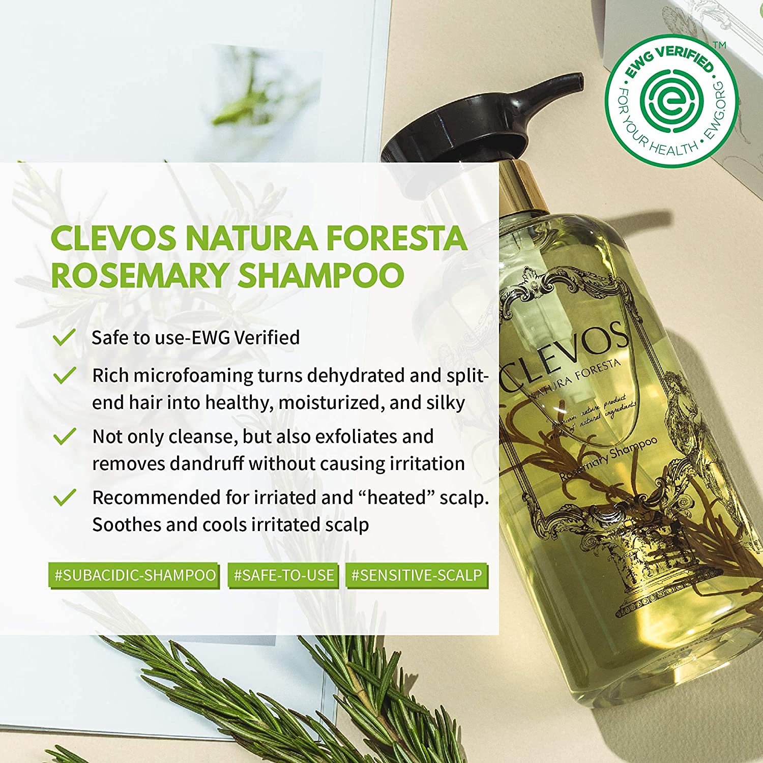 Clevos Natura Foresta Rosemary Shampoo label highlighting organic hypoallergenic care