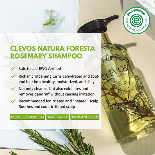 Clevos Natura Foresta Rosemary Shampoo label highlighting organic hypoallergenic care