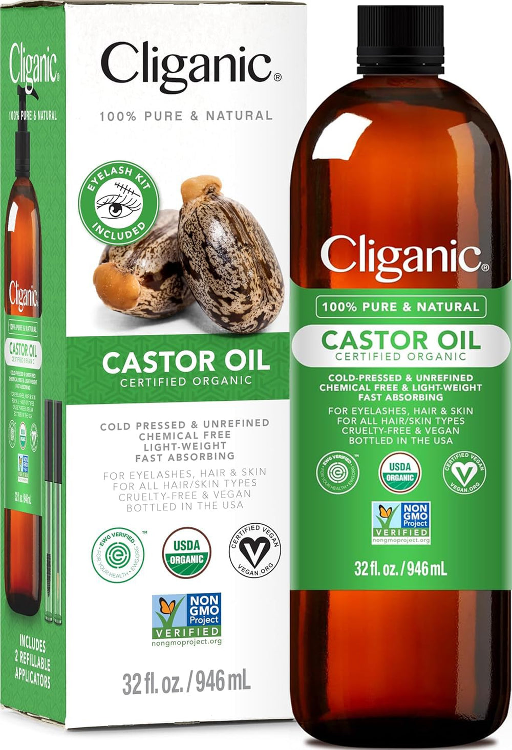 Cliganic castor oil 32oz with eyelash kit for easy application and potential lash care