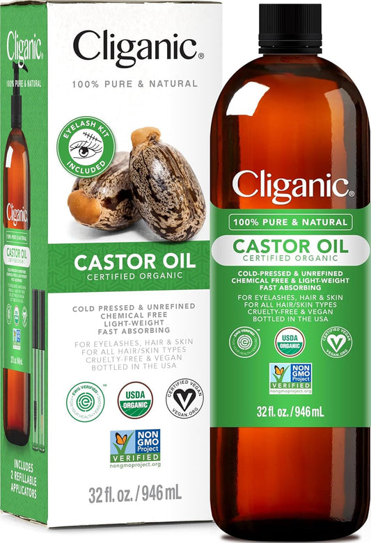 Cliganic castor oil 32oz with eyelash kit for easy application and potential lash care
