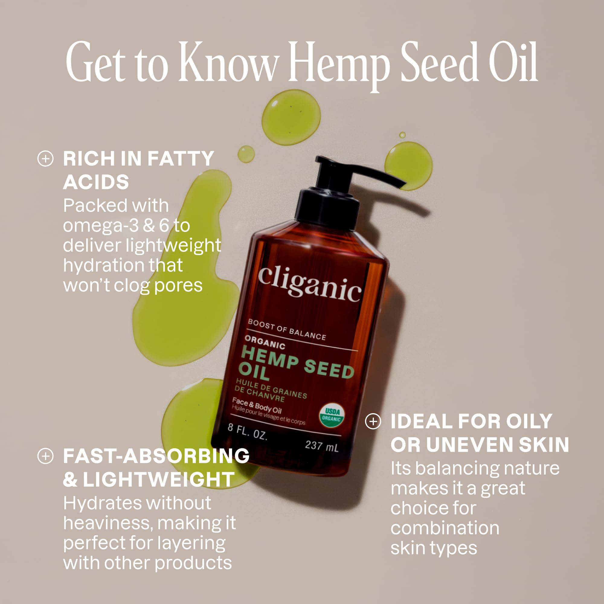Cliganic hemp seed oil bottle pour demonstrates easy application for lightweight moisture.
