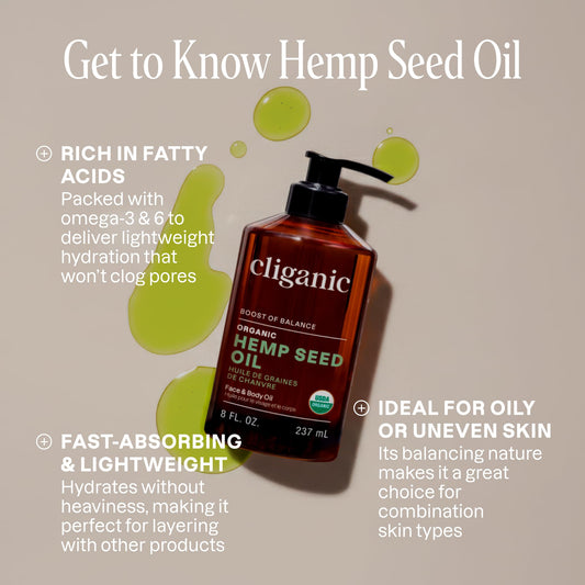 Cliganic hemp seed oil bottle pour demonstrates easy application for lightweight moisture.