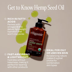 Cliganic hemp seed oil bottle pour demonstrates easy application for lightweight moisture.