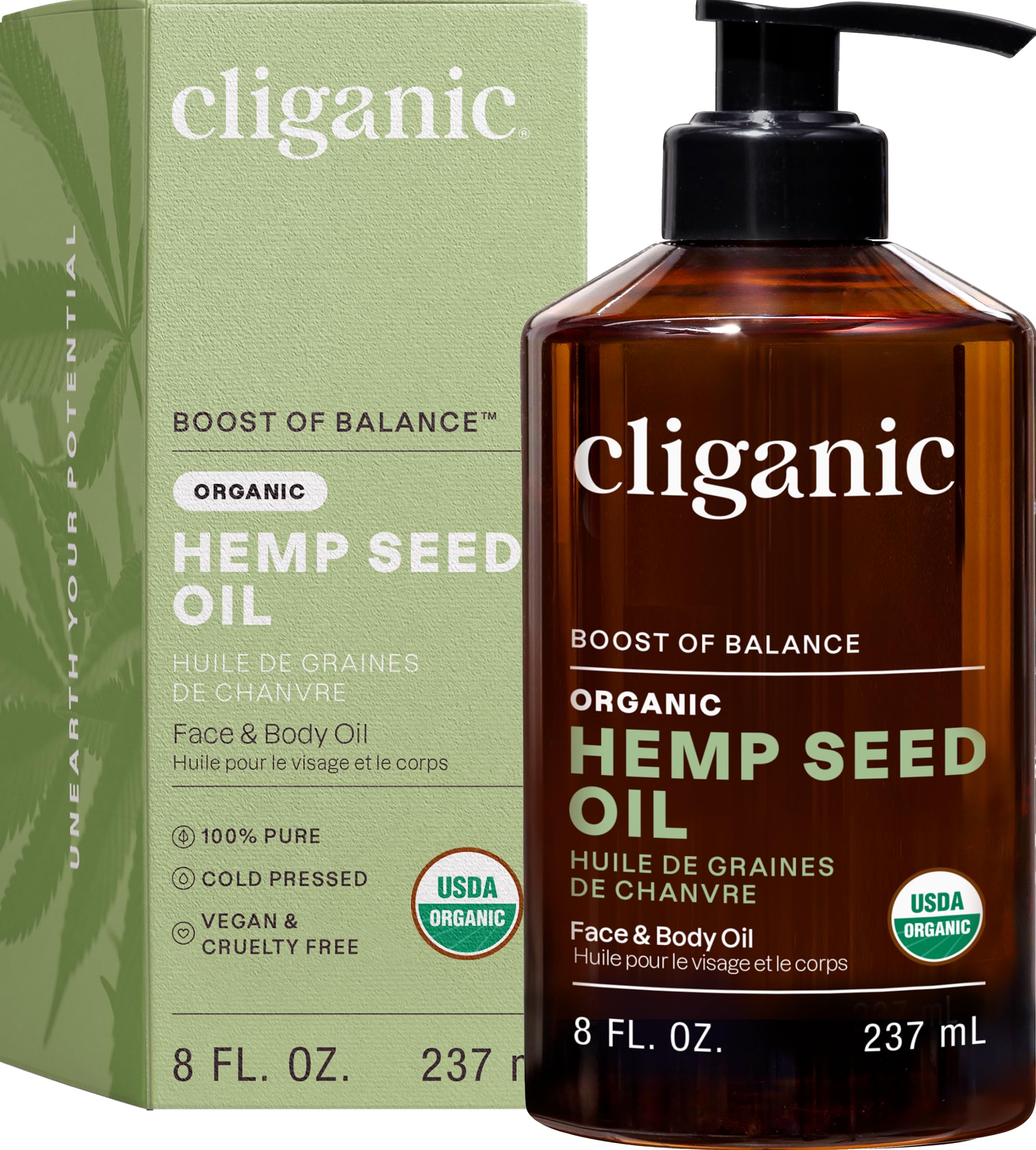 Cliganic hemp seed oil bottle showing pure, cold-pressed formula for skin and hair care.
