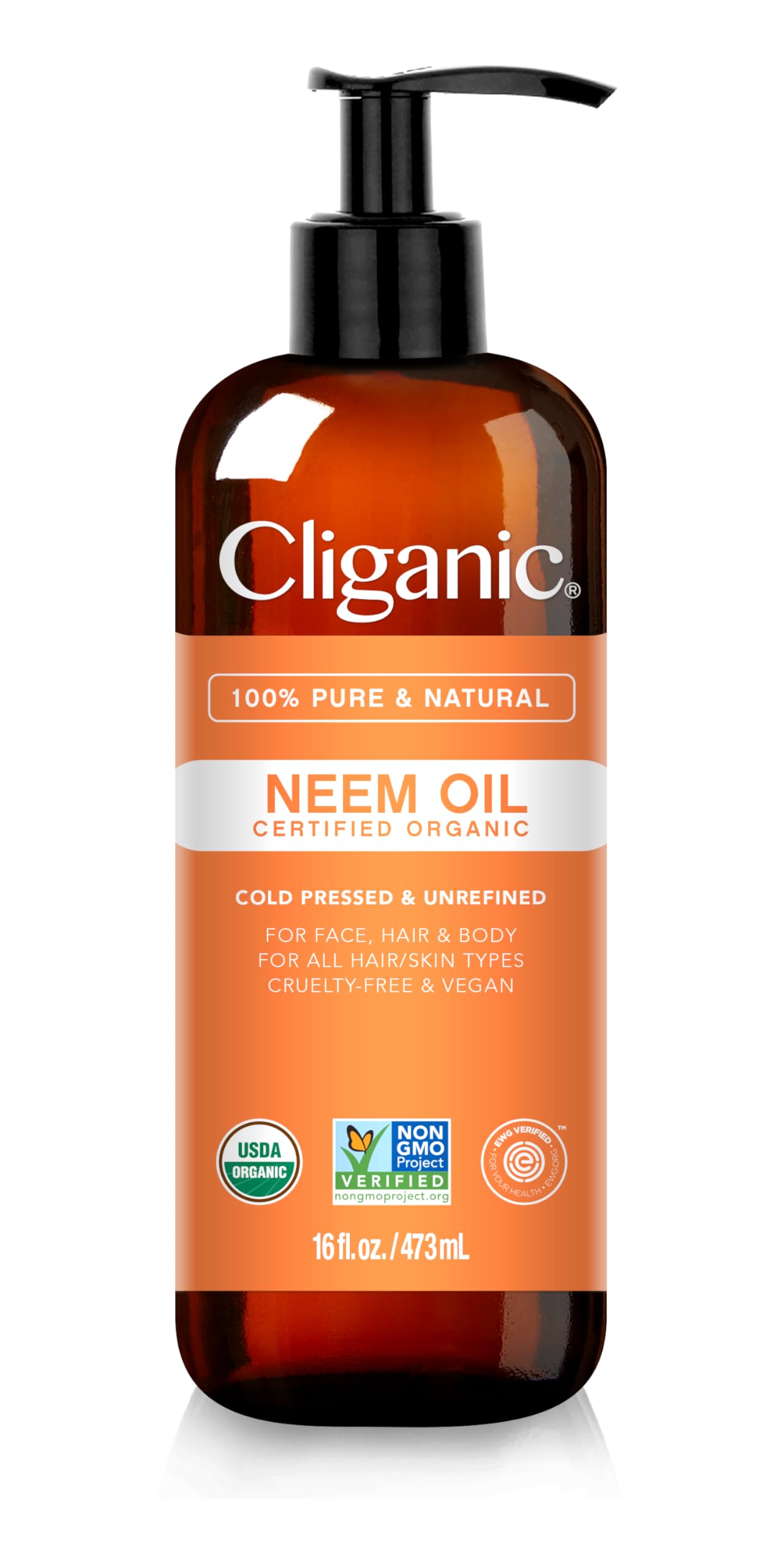 Cliganic Neem Oil 16oz bottle close-up highlighting pure organic formula for skin and plants.