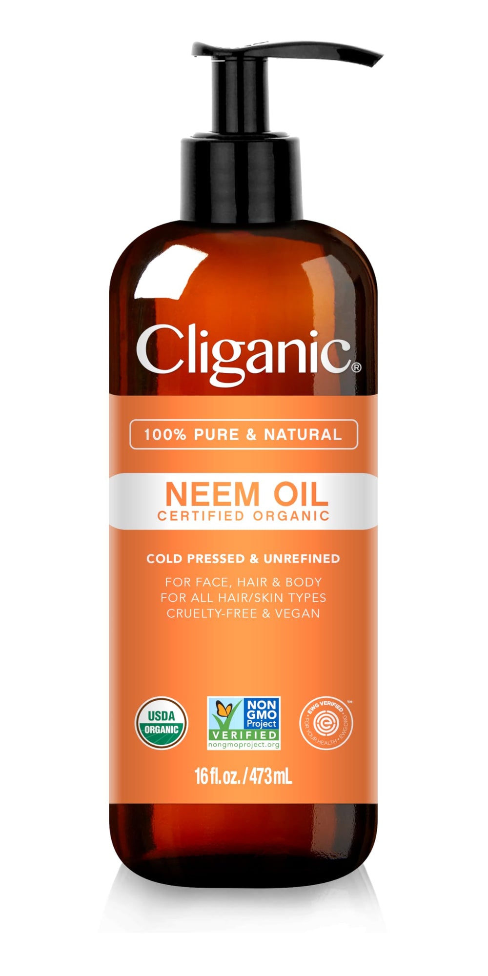 Cliganic Neem Oil 16oz bottle close-up highlighting pure organic formula for skin and plants.