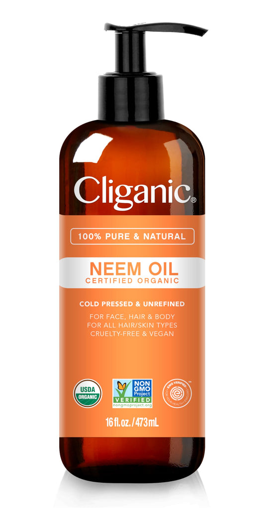 Cliganic Neem Oil 16oz bottle close-up highlighting pure organic formula for skin and plants.