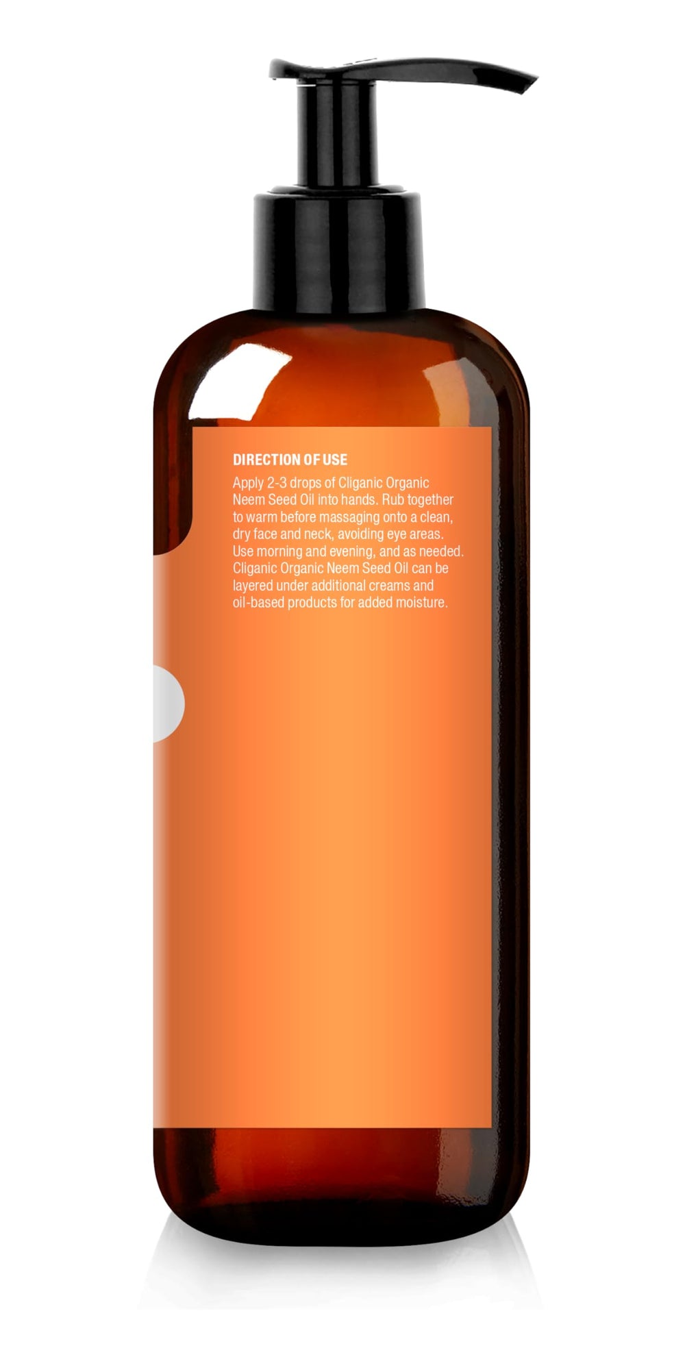 Cliganic Neem Oil label close-up emphasizing single-ingredient purity for clean skincare.