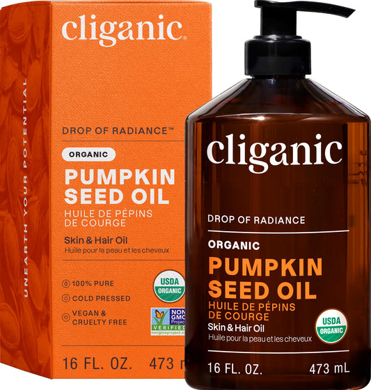 Cliganic Organic Pumpkin Seed Oil bottle front, ideal for daily facial nourishment.