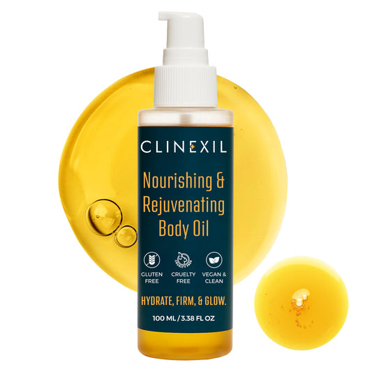 Clinexil after-shower body oil bottle close-up showing non-greasy finish.