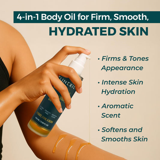 Clinexil body oil being pumped onto damp skin for quick absorption.