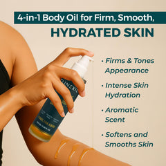 Clinexil body oil being pumped onto damp skin for quick absorption.