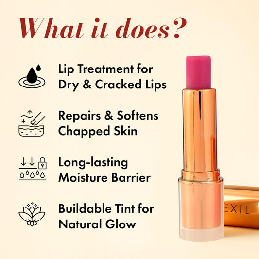 Clinexil Lushlips Radiant Ruby swatch demonstrates buildable tint for daily wear